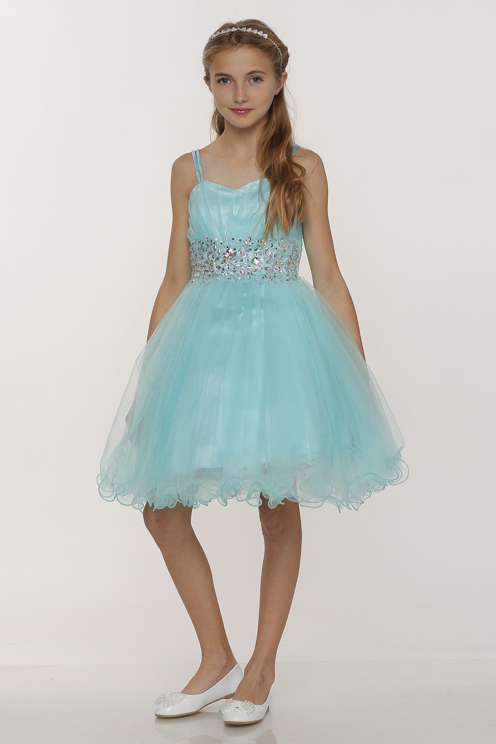 Aqua Sleeveless Mesh Junior Bridesmaid Dress with Beaded Waistline